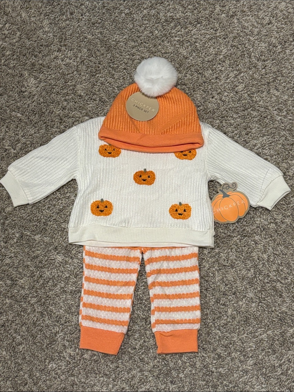 NWT Chick Pea Orange & Cream Pumpkin Knit  3 Piece Set with Pom Hat 3-6 mon